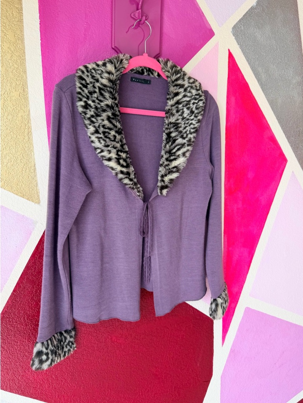 Purple Faux-Fur Trim Tie-Front Cardigan Sweater